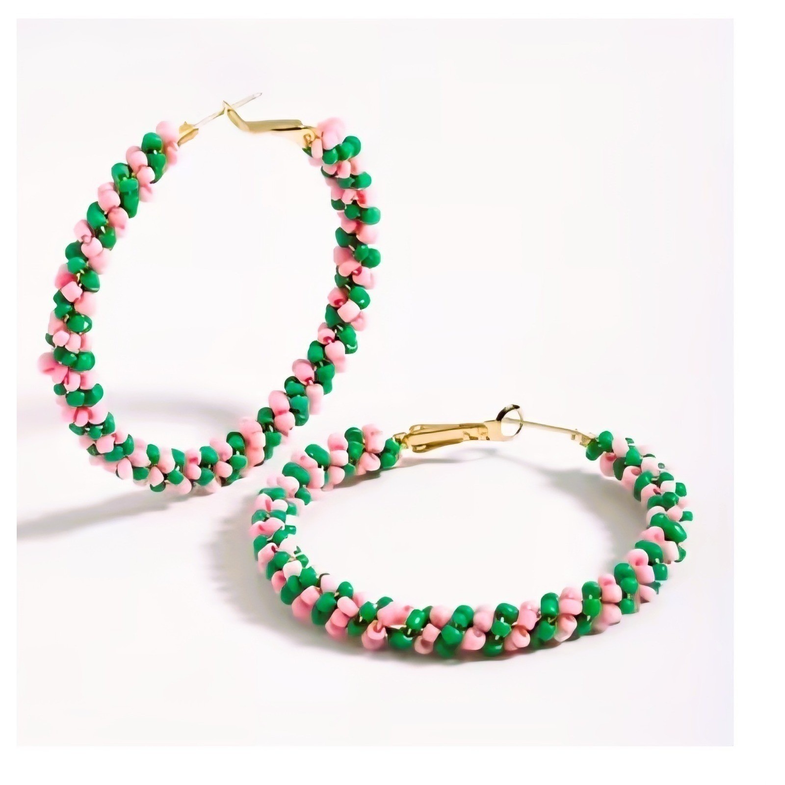 Pink and Green Seed Bead Gold Tone Large Hoop Earrings Boho Latch Back