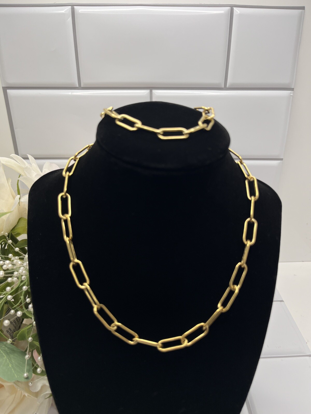 Women Girl Stailess Steel Gold tone Paper Clip Link Chain Necklase