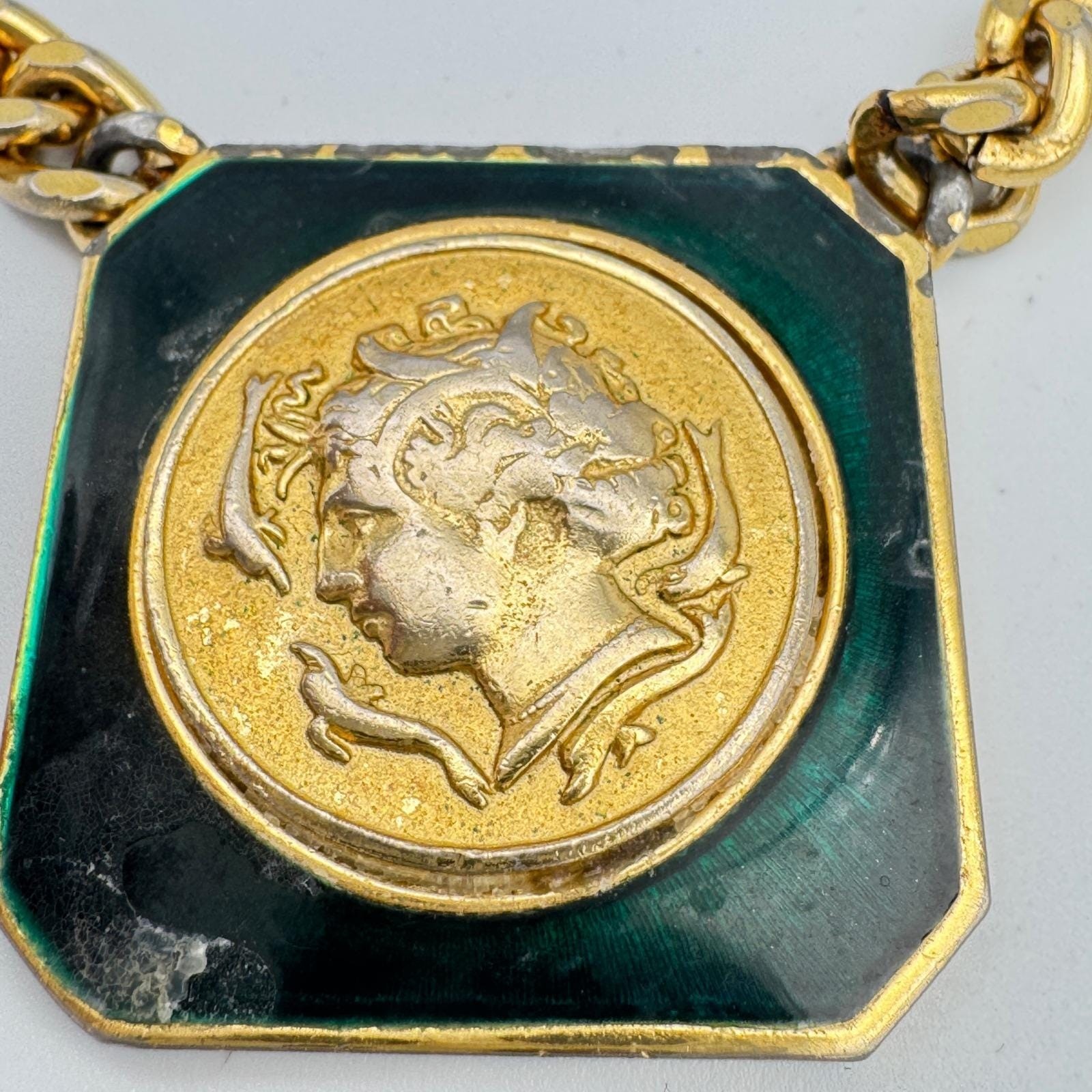 Gold Tone Roman Coin Medallion Necklace Earrings Set Enamel Heavy Curb Chain 93g