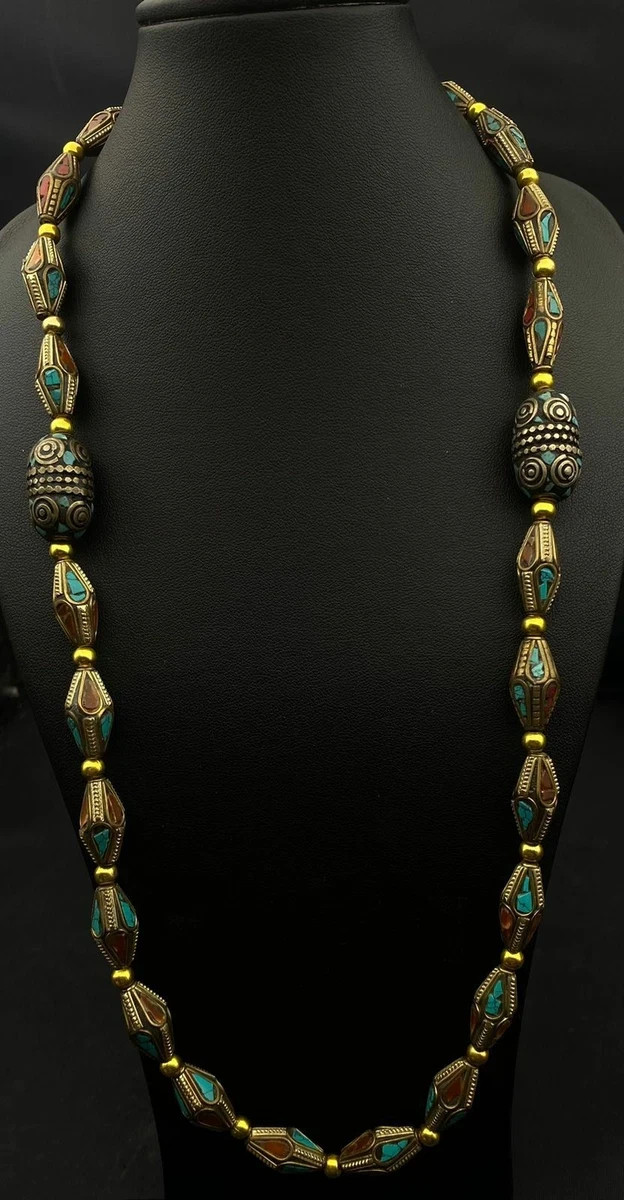 Vintage Tibetan Nepalese Turquoise Coral Inlay Beaded Necklace – Ethnic Brass