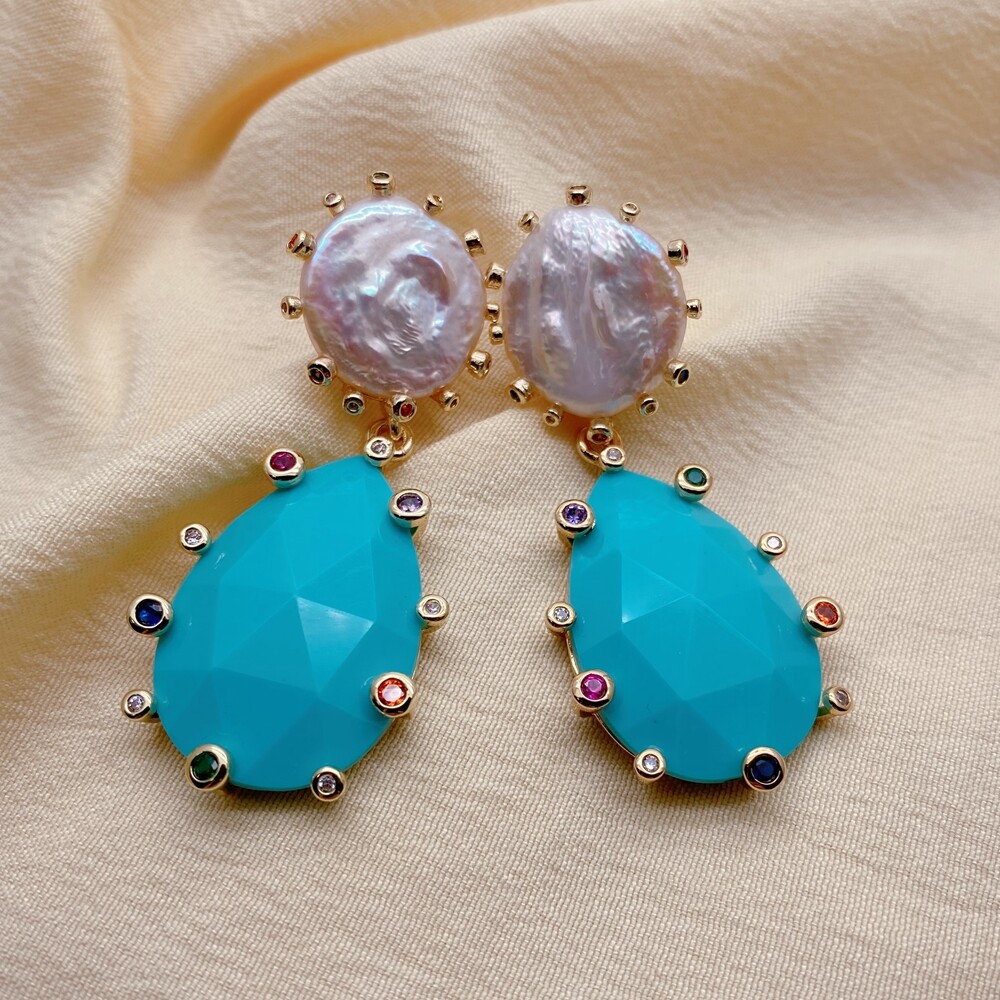 Cultured White Coin Pearl Blue Turquoise Cz Pave Teardrop Dangle Earrings