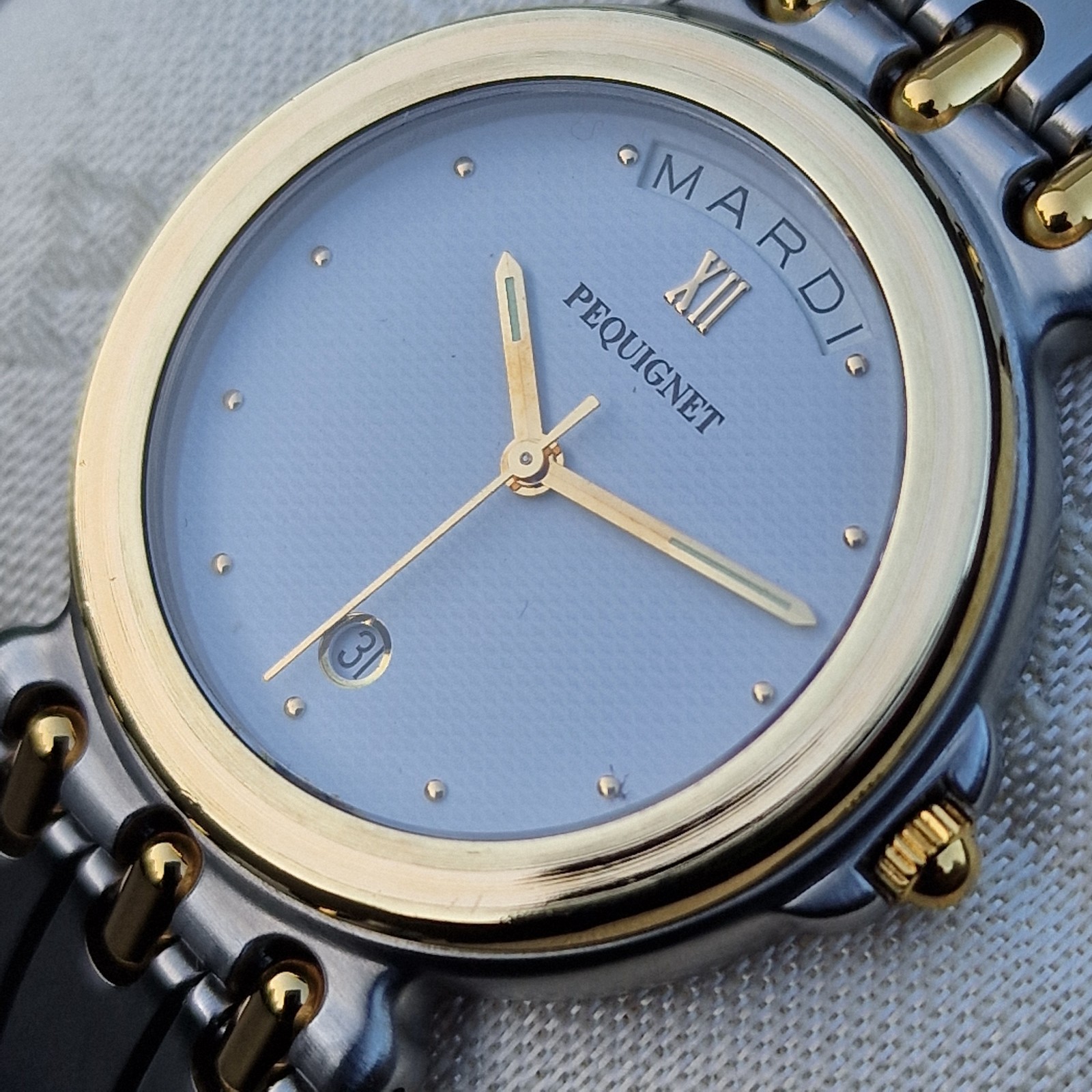 Gents EMILE PEQUIGNET Morea Date & Day Quartz watch, Box and papers, 33mm.