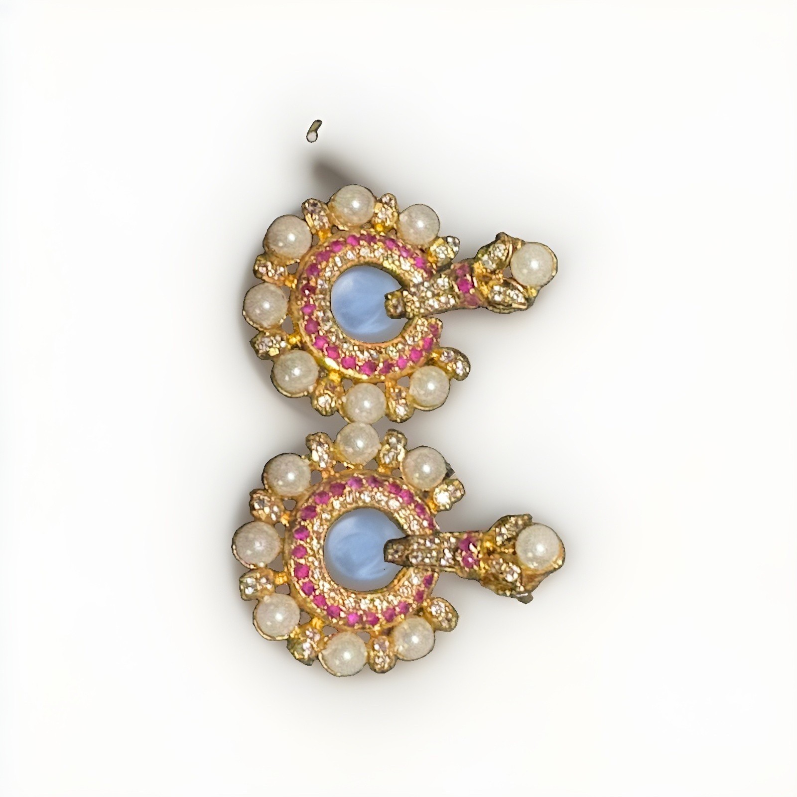 New Gold Tone Faux Pearl Pink Rhinestone Statement Drop Earrings Pierced
