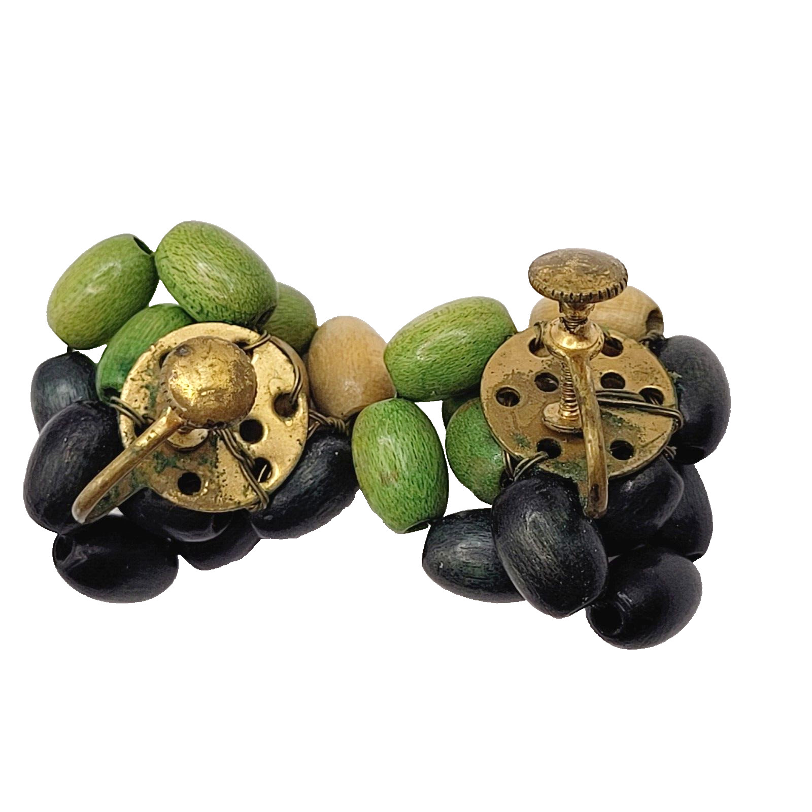 Hand Beaded Wood Bead Olive Black Tan Oval Cluster MCM 1950s Screw Back Earrings