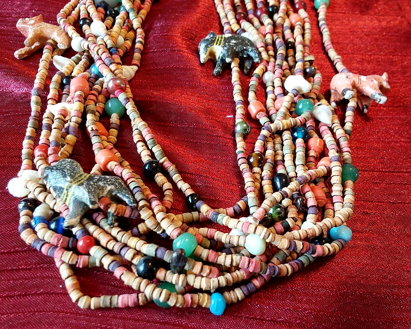 Vintage 70’s/80’s African Safari Wooden Beaded Multi Strand Necklace 33” Animals