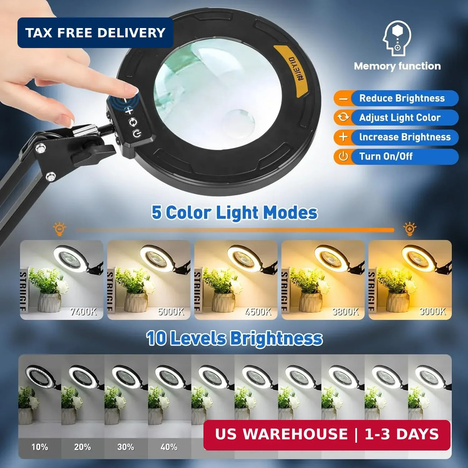 Ultra Long 3-Section Swing Arm 12X 30X Magnifying Glass with Light | 4-Way Large