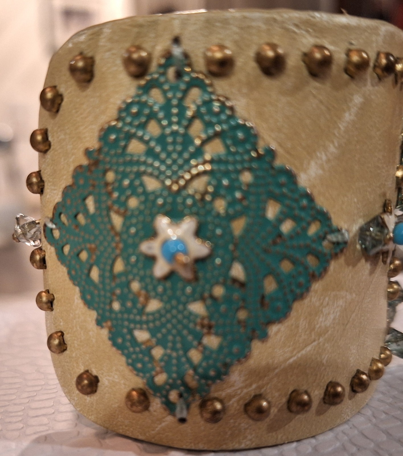 Western Embellished Leather Cuff Crystal,Metal,Enamel Embellishments 2″ wide