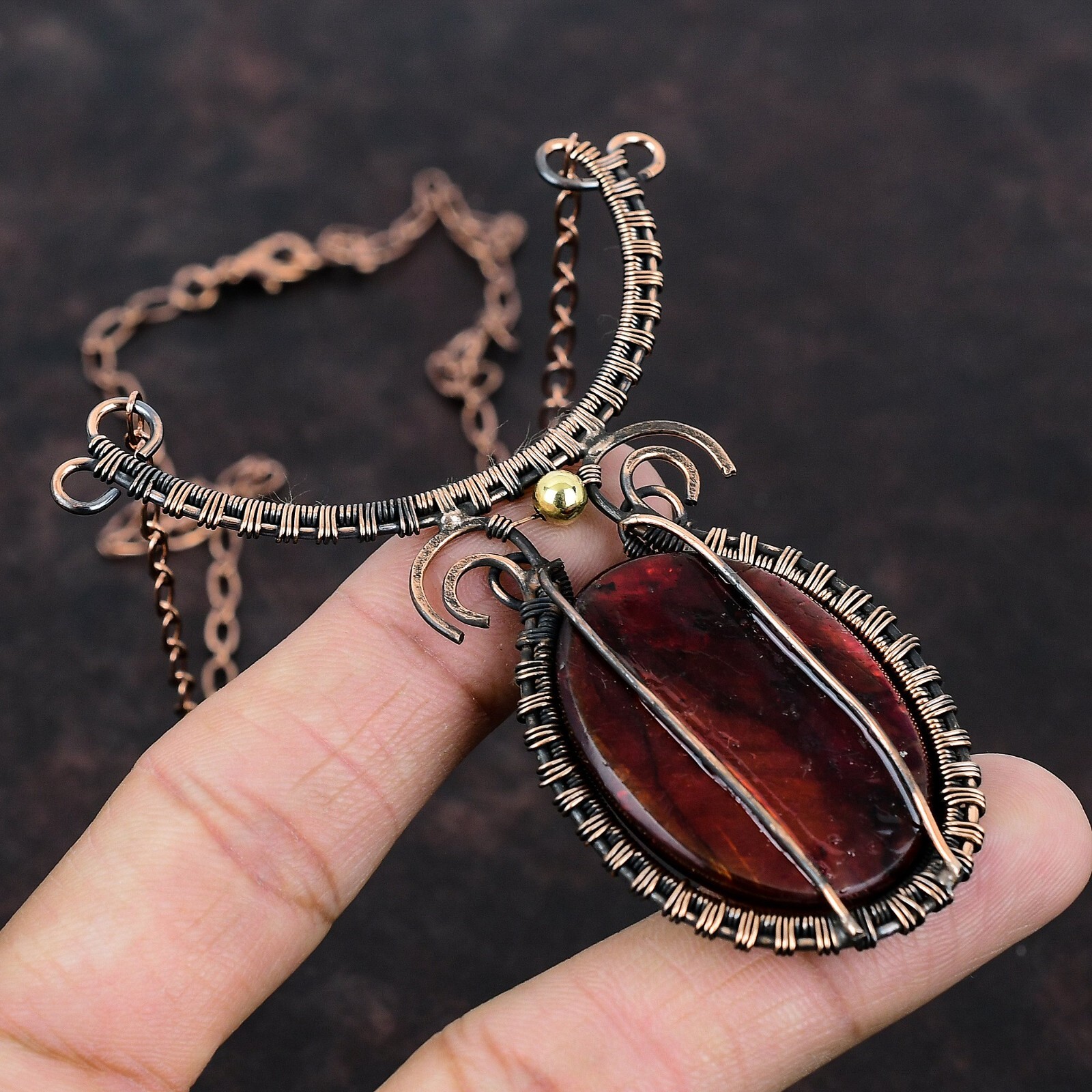 Red Fire Labradorite Wire Wrapped Adjustable Handcrafted Copper Unique 18.0″