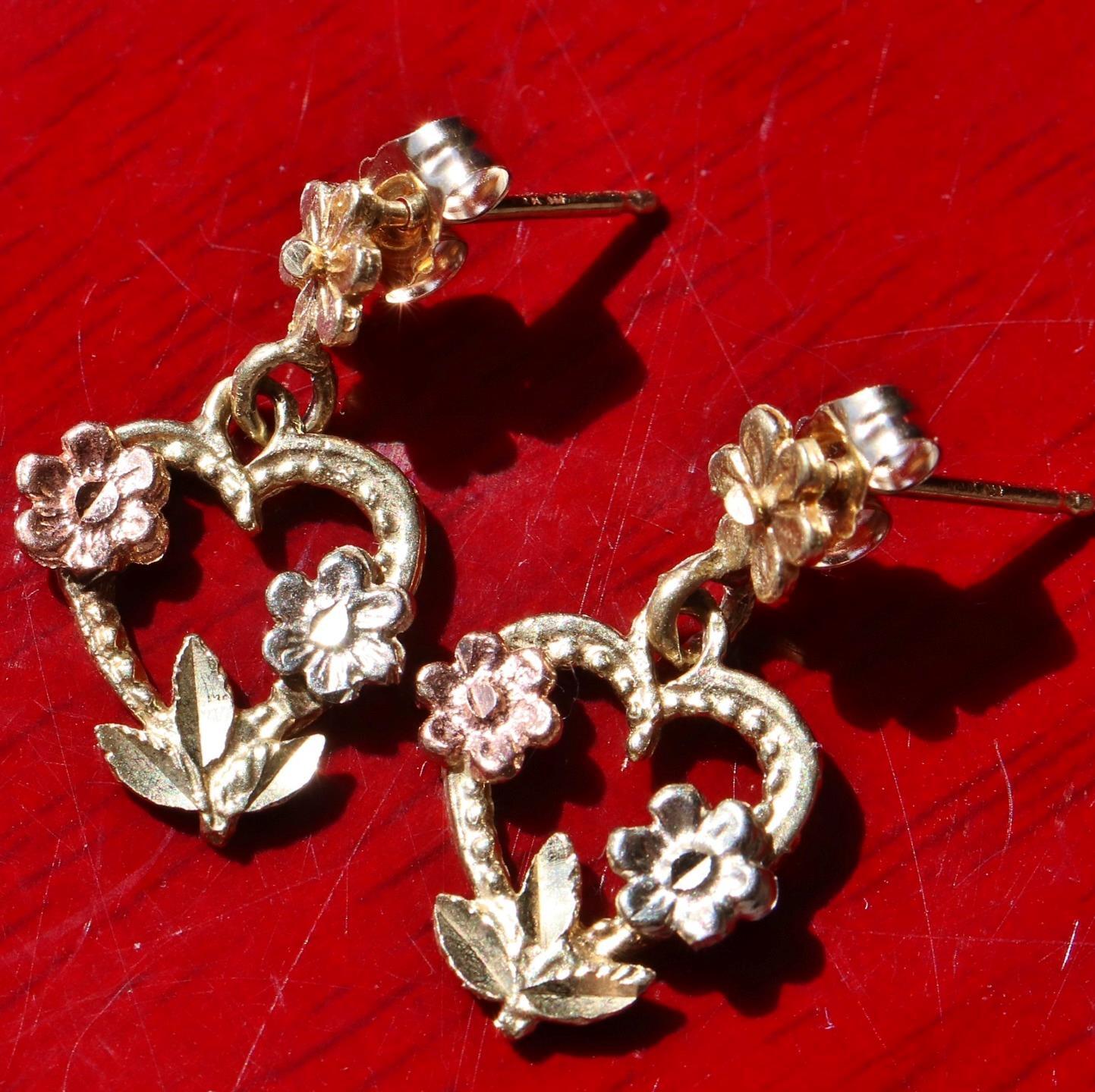 14k gold multi tone earrings 0.75″ dangle rose heart vintage 1.8g Fortunoff N280