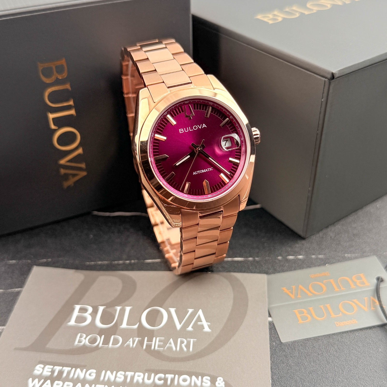 Bulova 97B234 Men’s Surveyor Automatic Red Dial Rose-Tone Steel Wrist Watch 39mm