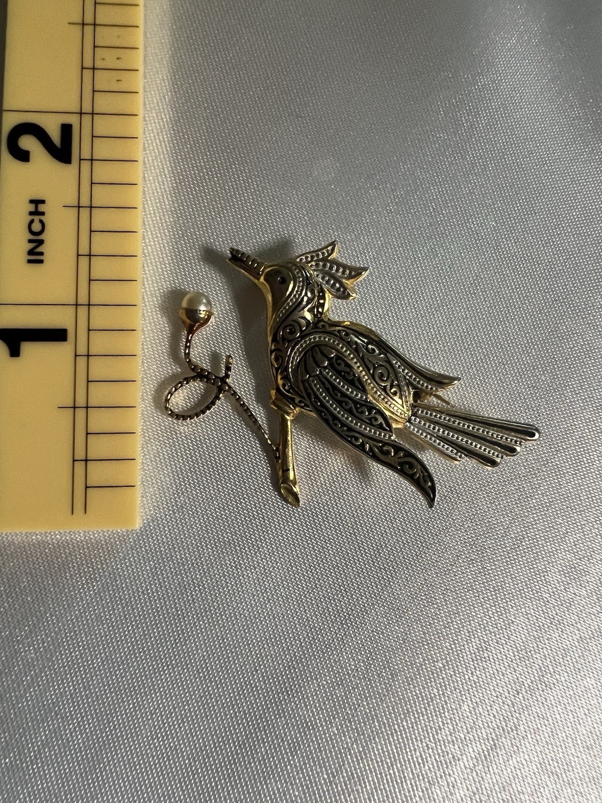 Mid Century Toledoware Gold Tone Bird Brooch Signed Spain Vintage Jewelry 2″