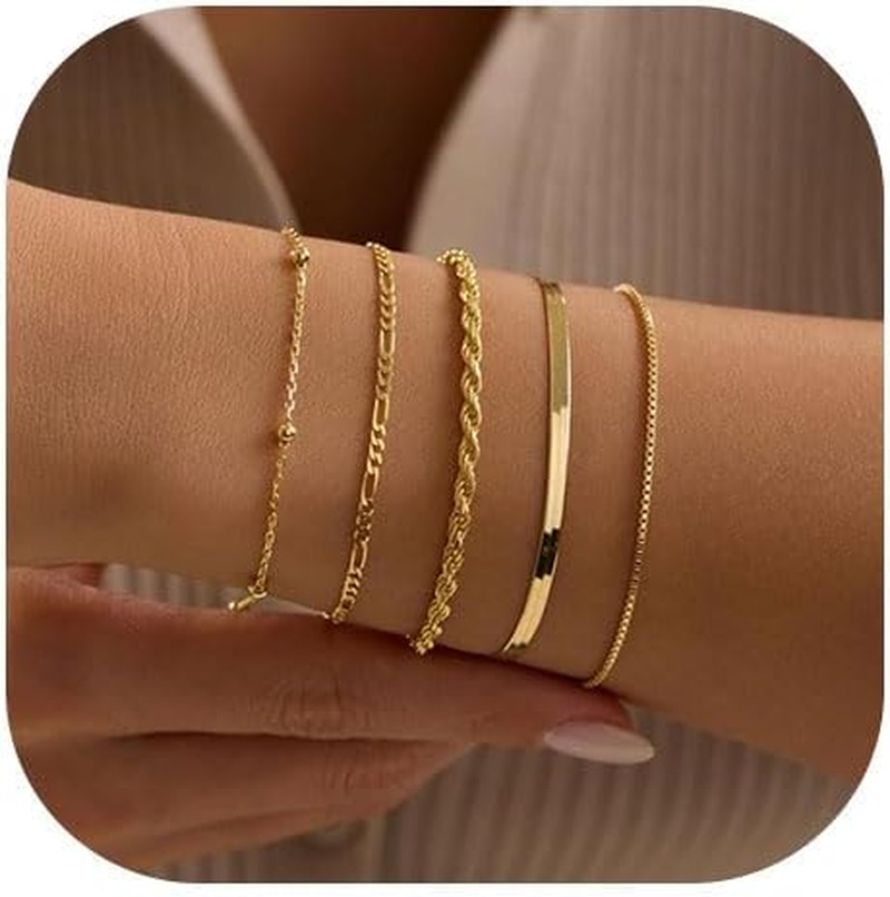 Gold Bracelets for Women Dainty 14K Gold Plated Stackable Bracelet Stack Set Tre