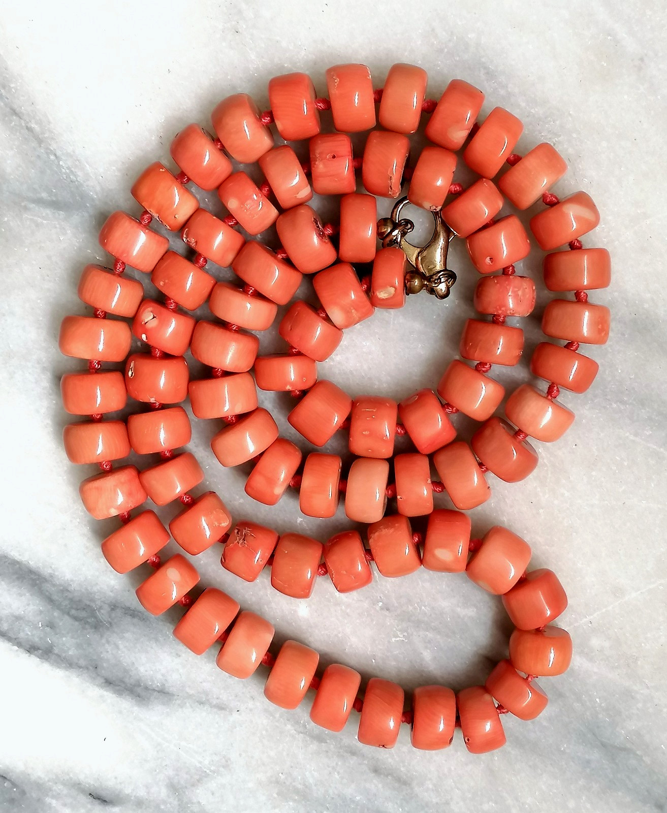 SPECTACULAR MAXI LONG NECKLACE CORAL BAMBOO SALMON CLASP SILVER GOLD.
