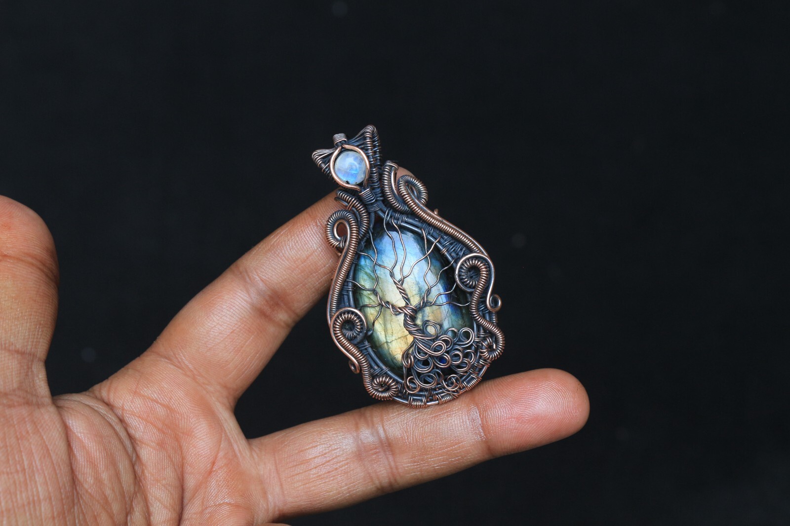 Yellow Fire Labradorite Copper Wire Wrap Tree Of Life Pendant Jewelry Gift NK547