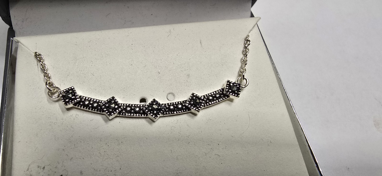 Sparkle Allure Swarovski Marcasite Silver Plated Geometric Bar Necklace w/ Box