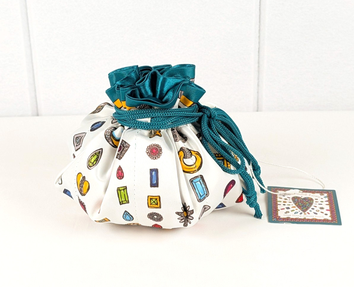 BRIGHTON “Charmed Love” Draw-String Jewelry Pouch Teal White Satin w/Jewels NEW