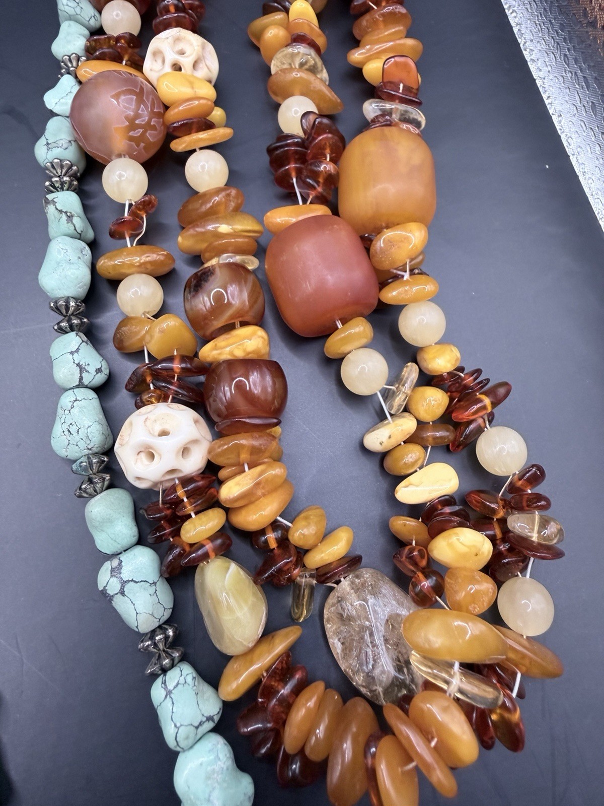 Vintage Lot 7 Stone Gemstone Necklaces Amber Amethyst Turquoise Sodalite Shell