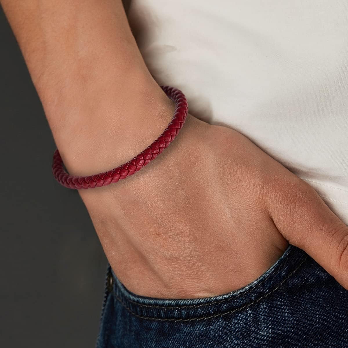 Minimalist Mens Women Leather Bracelet, Thin Braided Leather Bangle, Steel Ov…