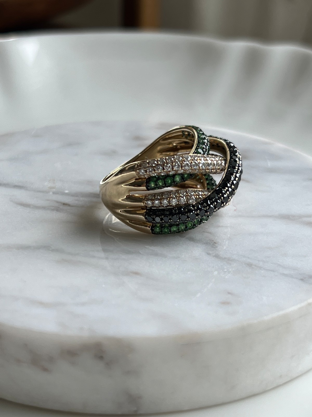 Effy Contemporary Diamond Black Diamond Tsavorite Garnet 14k Gold Cocktail Ring