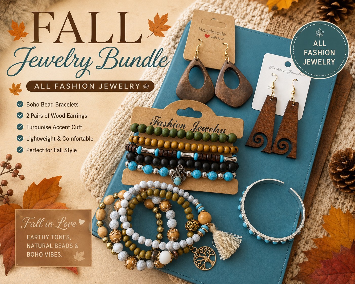 Fall Boho Fashion Jewelry Bundle Beaded Bracelets Turquoise Cuff 2 Pair Wood…