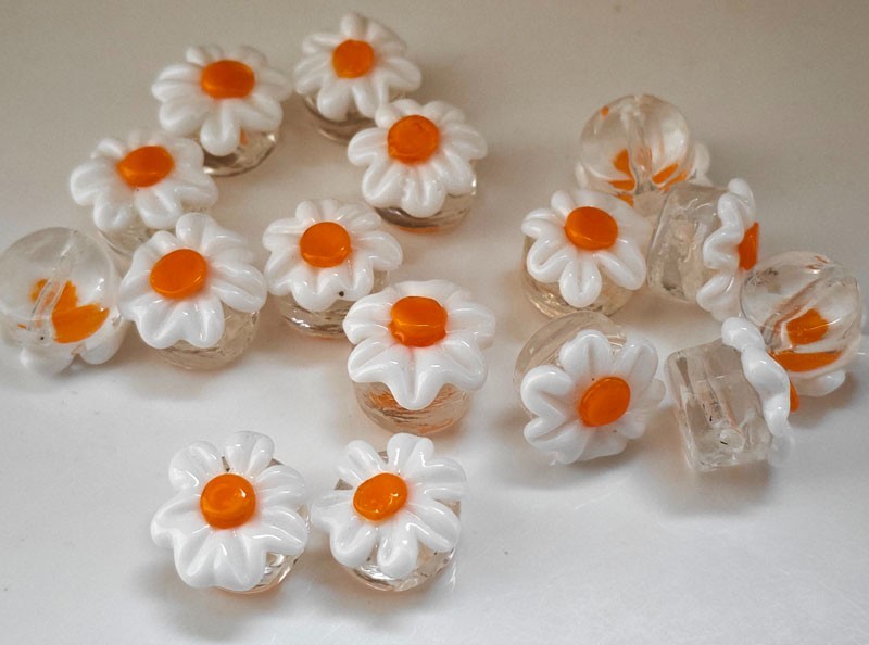 15pcs handmade Lampwork glass beads transparent white flower 9*15mm