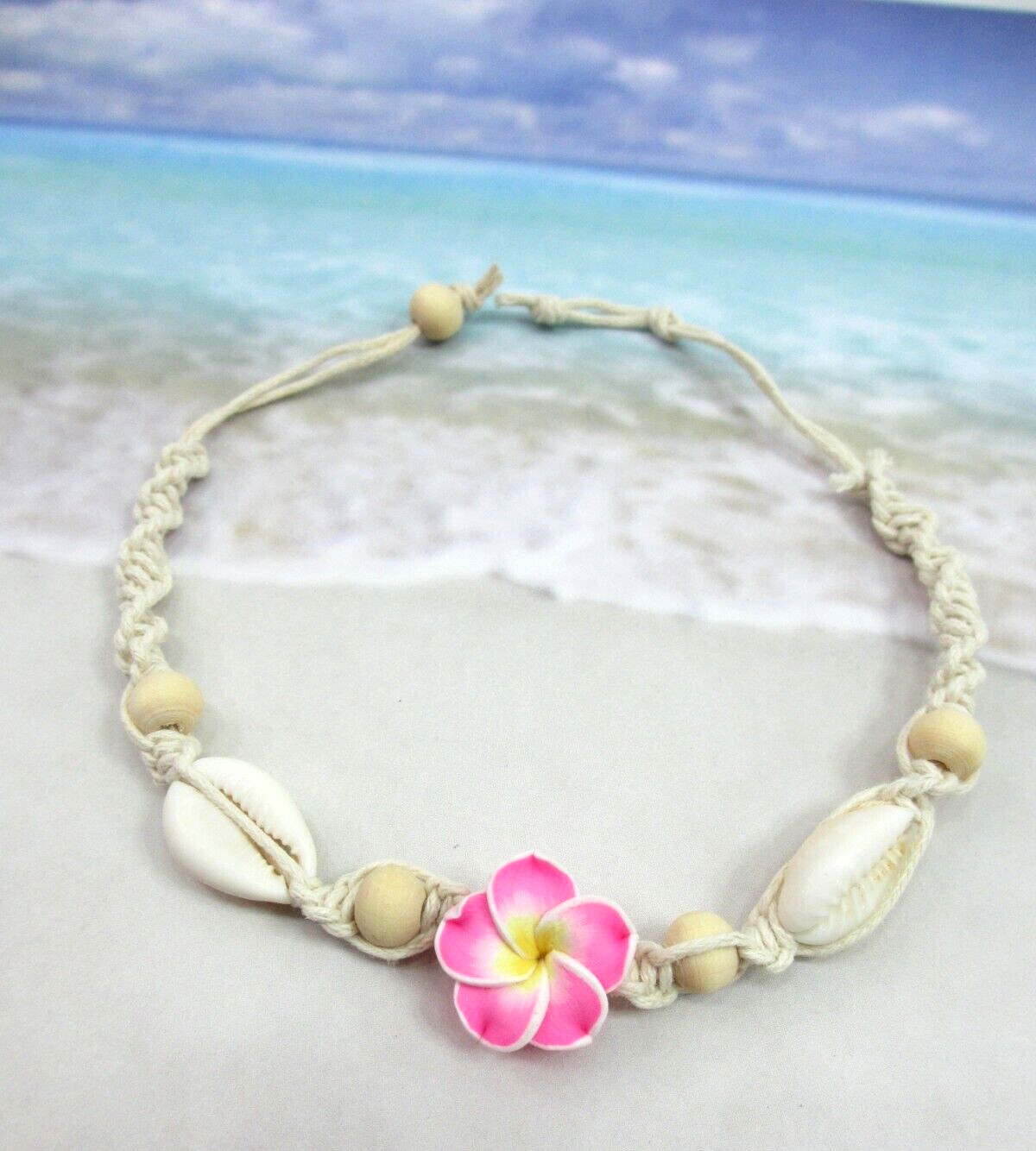 Hibiscus Anklet Seashell Ankle Bracelet Macrame Pink Beach Flower Hawaiian Surf