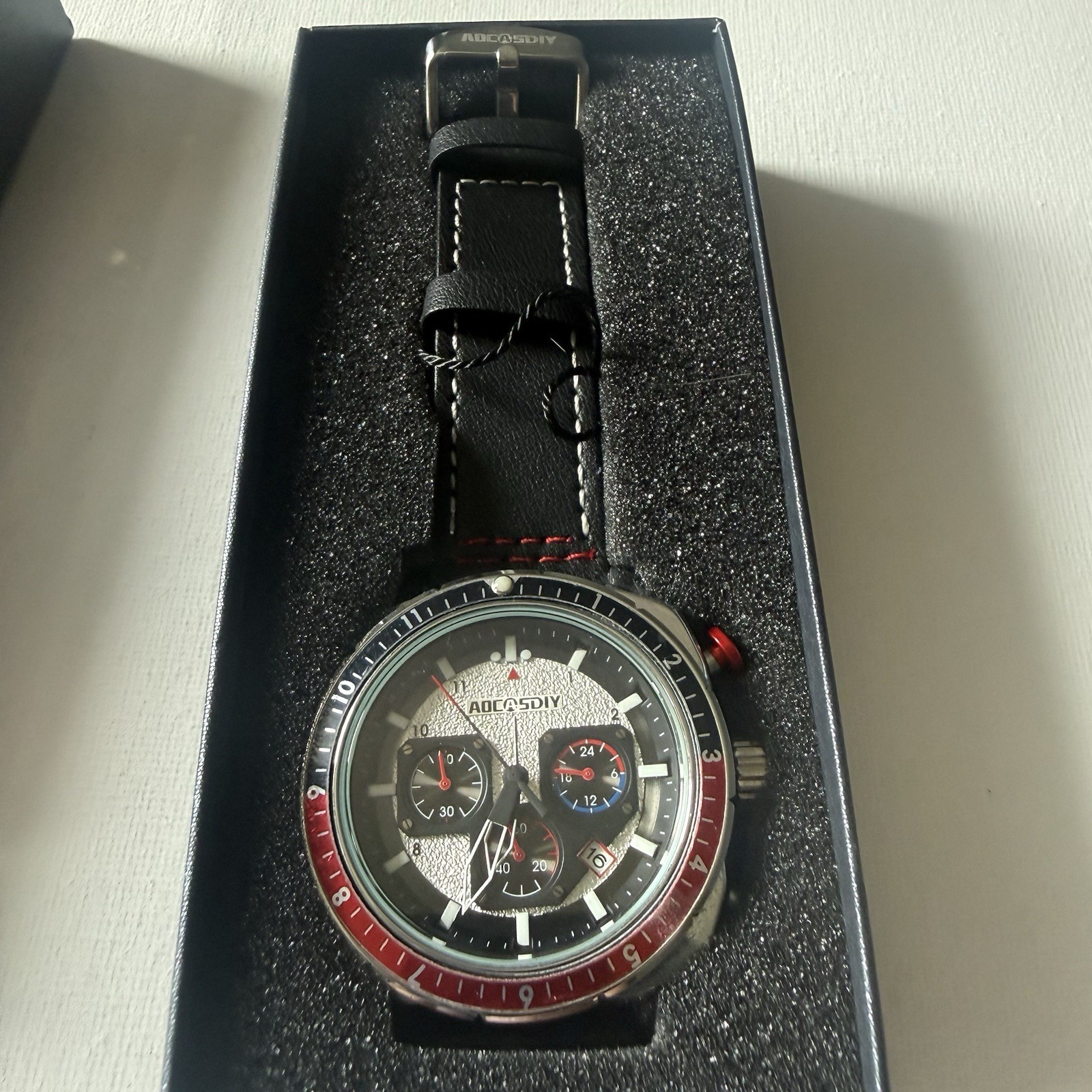 SALE ,AOCASDIY Chronograph date classic design, black and red bezel,45mm,WR30￼