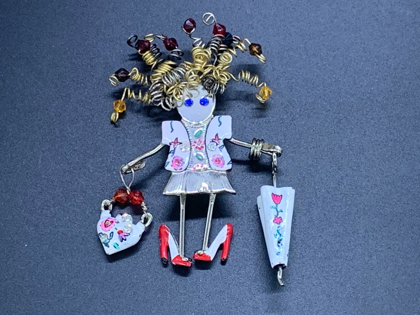 MODERNIST ARTS CRAFTS PORCELAIN METAL SPRING BEAD GIRL PURSE UMBRELLA BROOCH