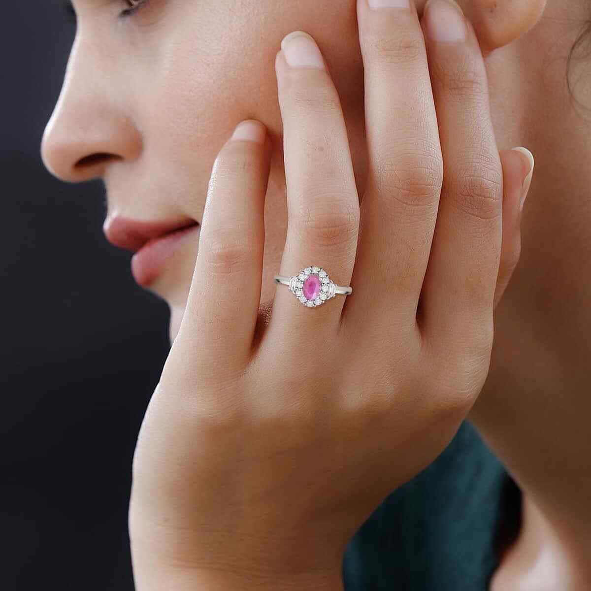 1.20ctw Premium Montepuez Ruby & Zircon Ring Platinum Plated Sterling Size 6