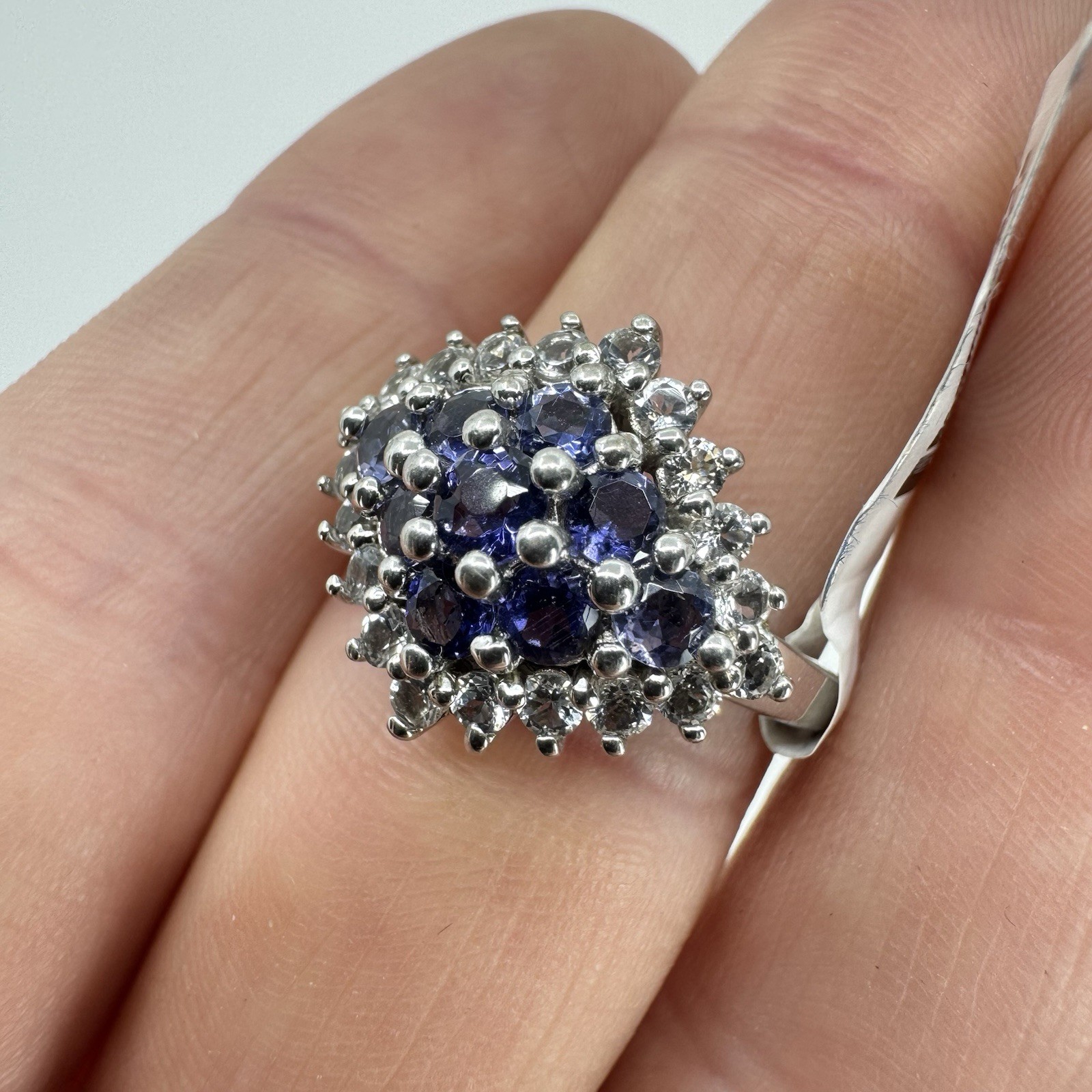 Sterling Silver 1.1ctw Iolite & 0.84tcw White Topaz Cluster Ring NOS W/ Box Sz 8