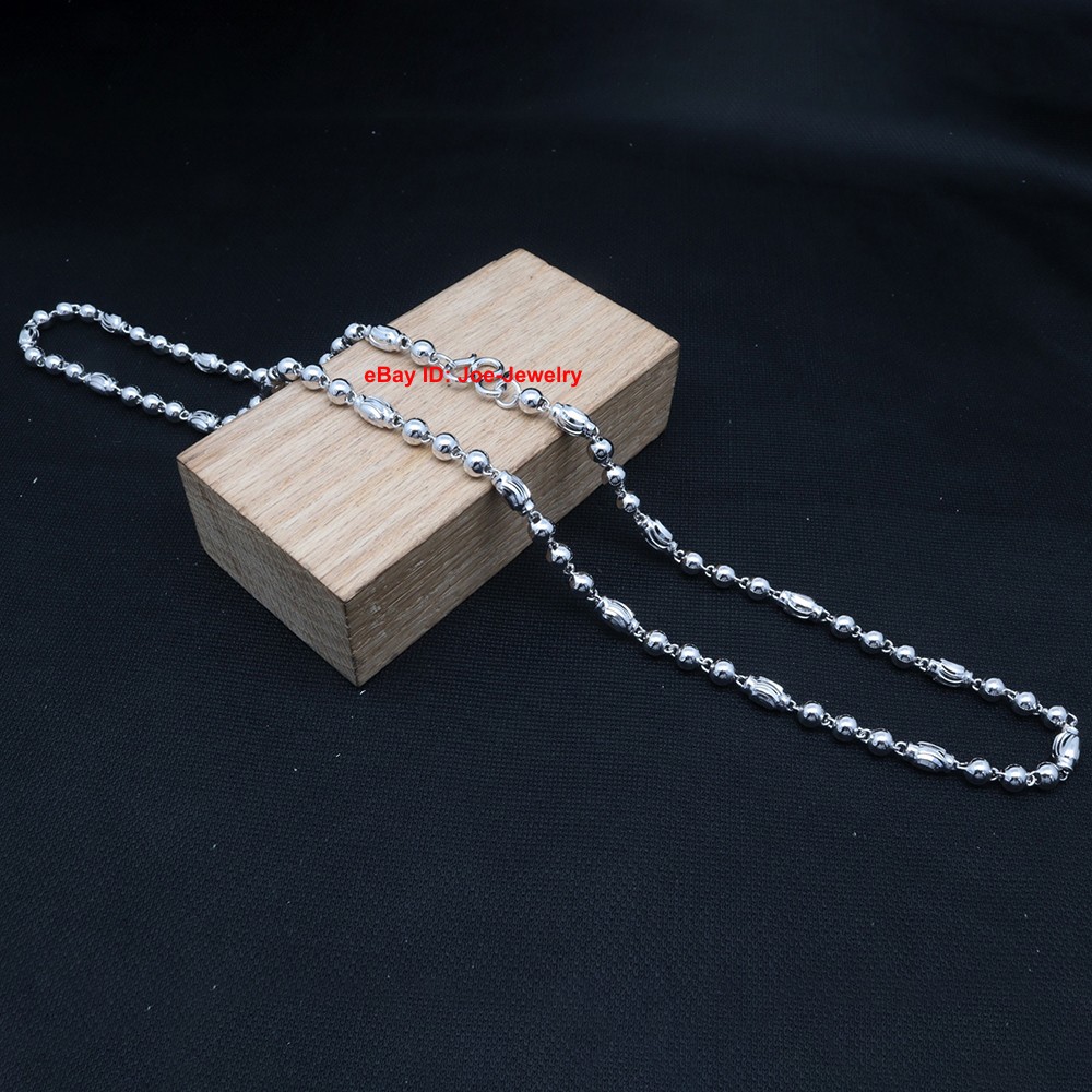 Real 925 Sterling Silver Necklace 4mm Oval Bead Link Chain Necklace 19.7inch L