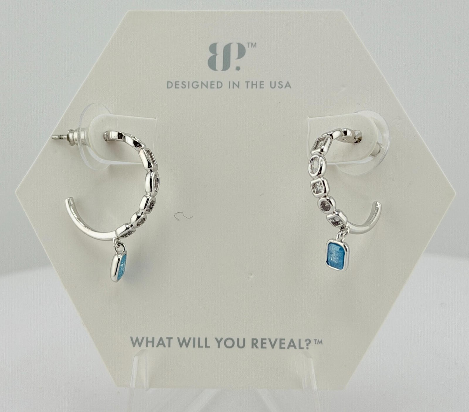 Bomb Party Hoop Earrings “All Shine, No Shade” Aqua Blue Ice Crystal on Rhodium