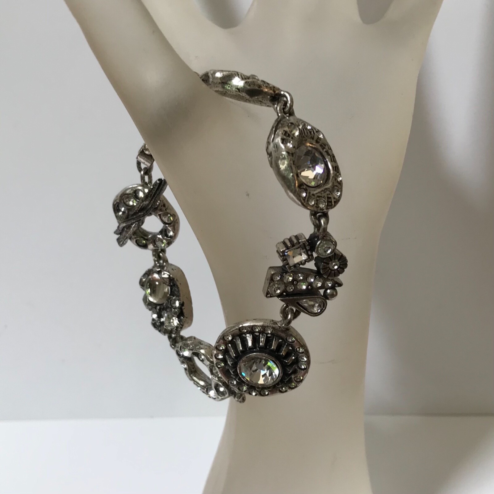 VTG PATRICIA LOCKE Signed Silvertone Clear Crystal Heavy Bracelet BOHO CHIC
