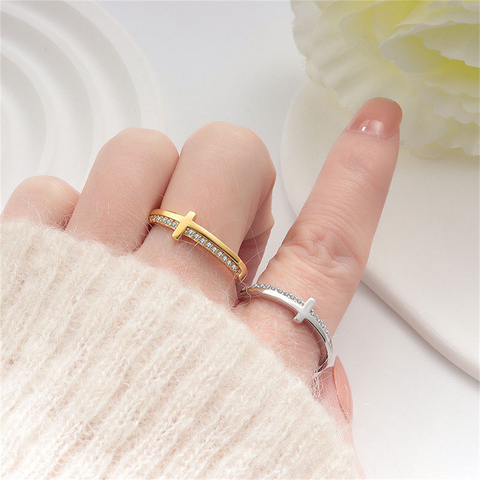 Women’s Casual Rhinestone Cross Brass Ring – Anniversary Birthday Gift for Wife