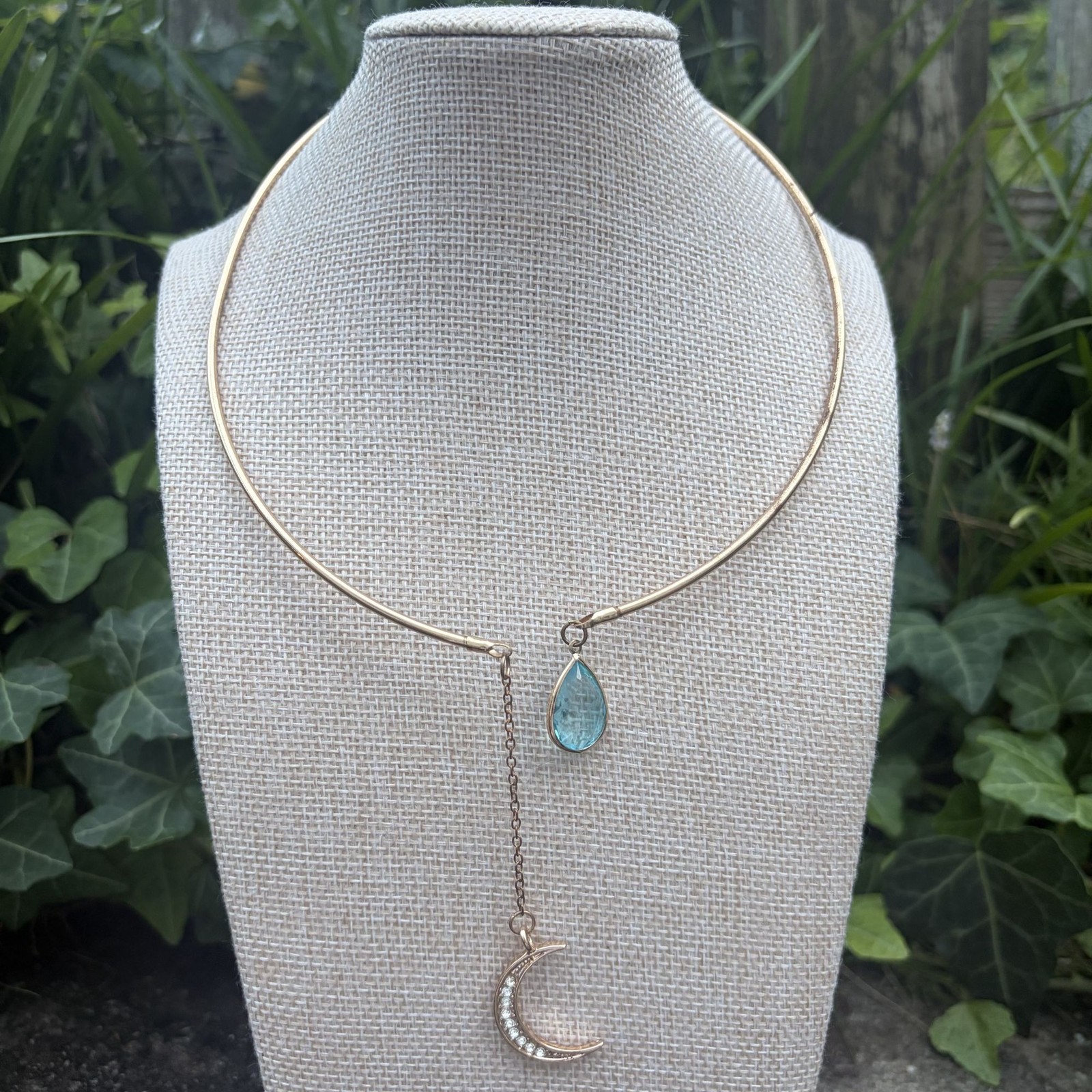 Gold Tone Crescent Moon Teardrop Aquamarine Rhinestone Open Collar Choker