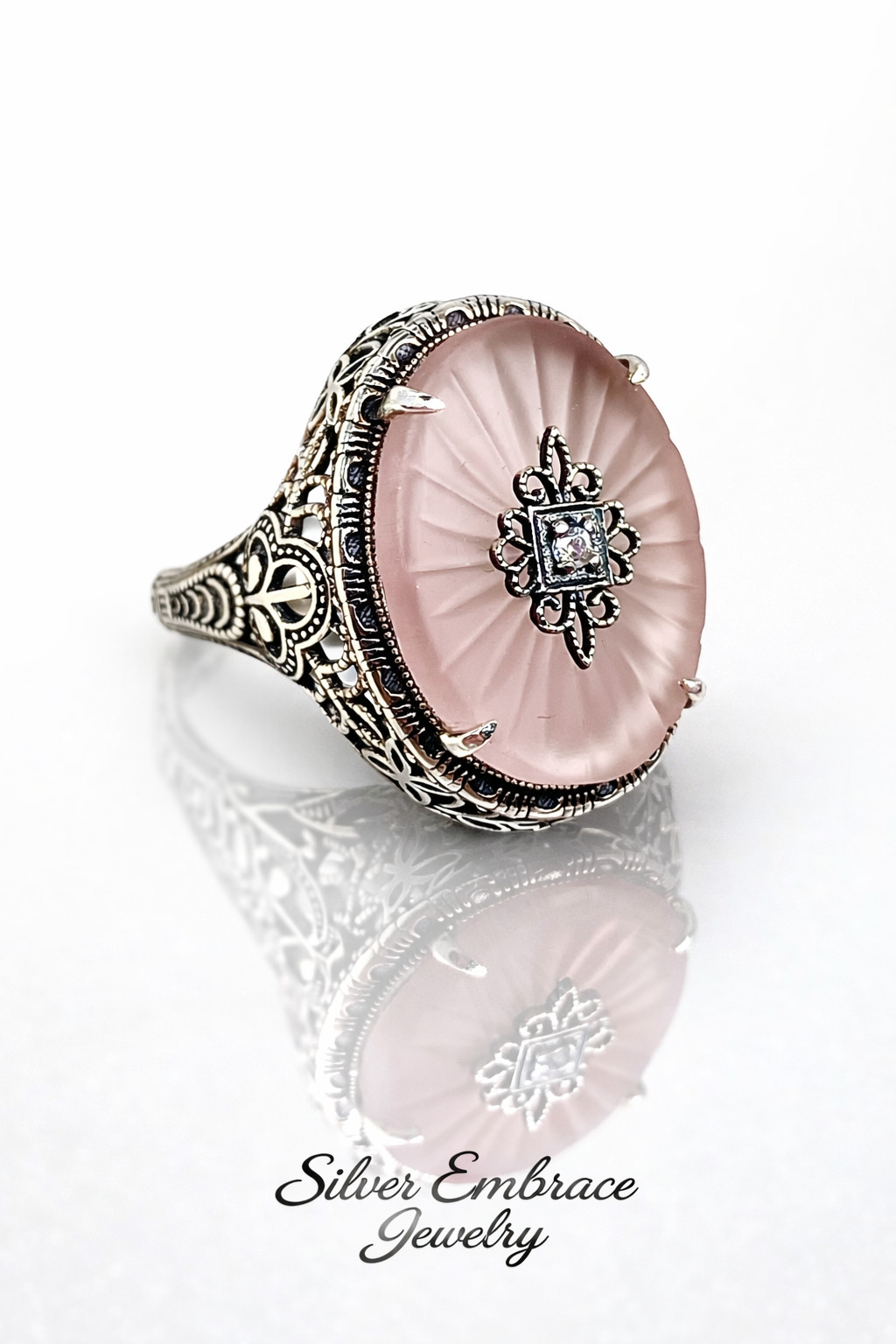 Sunray Pink Camphor Glass ring/ Sterling Silver Filigree (Custom-made)D230