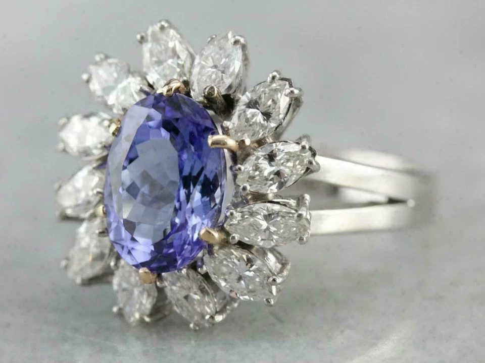 3.20Ct Oval Cut Blue Tanzanite Flower Engagement Ring 14K Two Tone Gold Finish