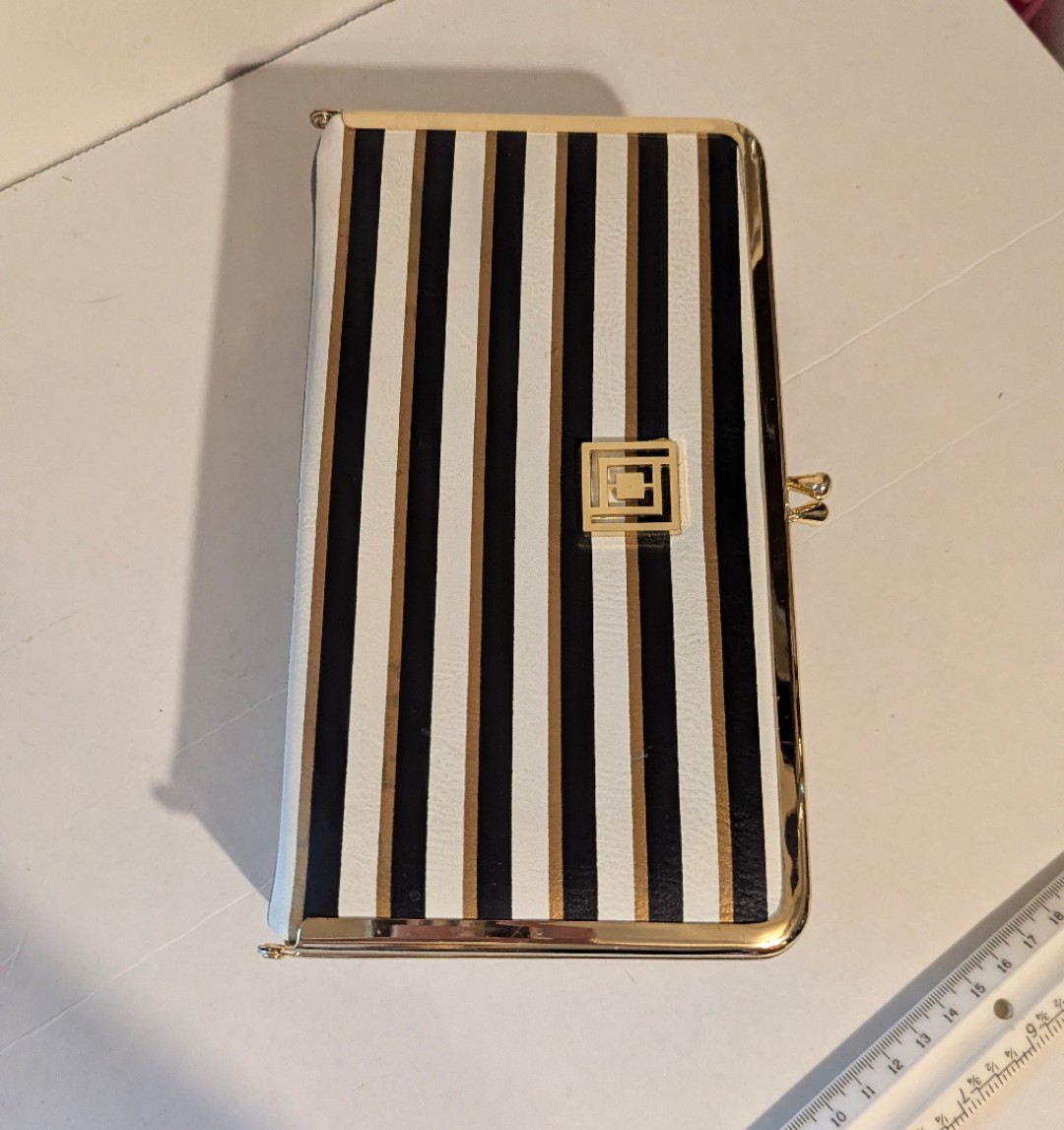 Liz Claiborne Black White Striped w/Gold Accents Hard Travel Jewelry Box 9″L