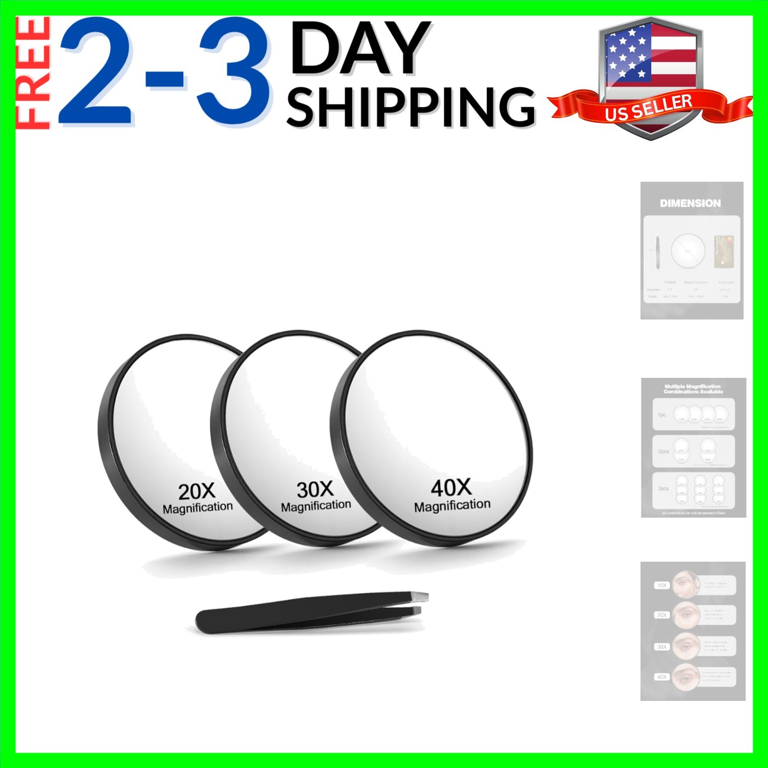 20X/30X/40X Magnifying Mirror with Suction Cups and Tweezers Set, 3.5 inches …