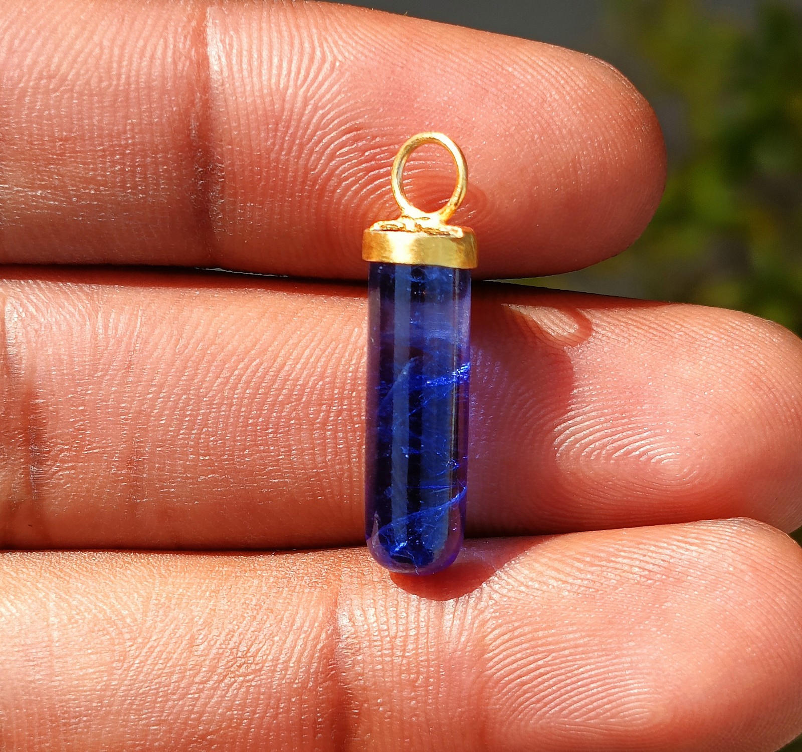 Natural Pencil Blue Sapphire Gold Charm, 18k Solid Gold Handmade Charm Pendant