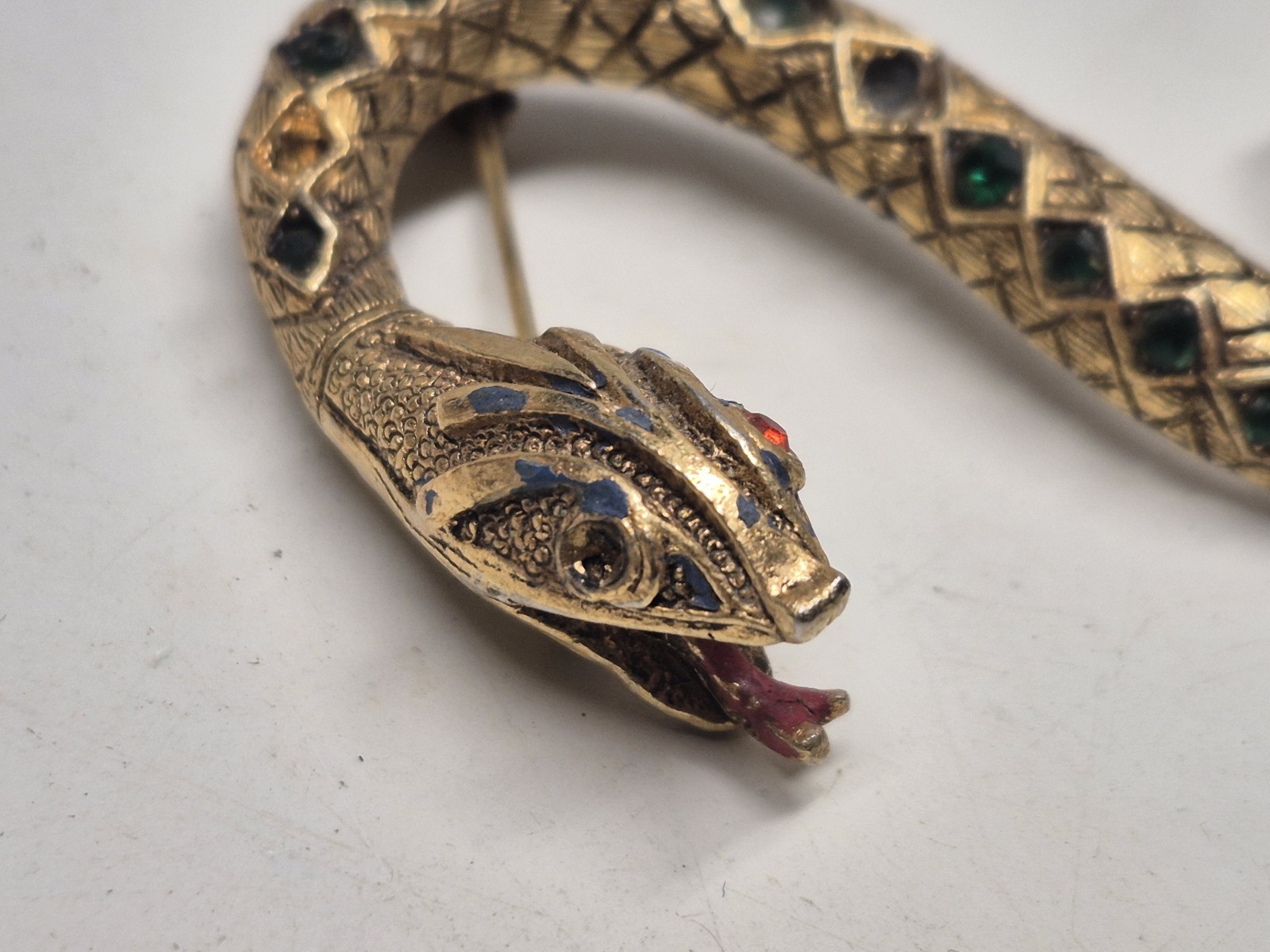 VTG Author Pepper Snake Brooch Pin Gold Whitewashed Snake Red Green Rhinestones