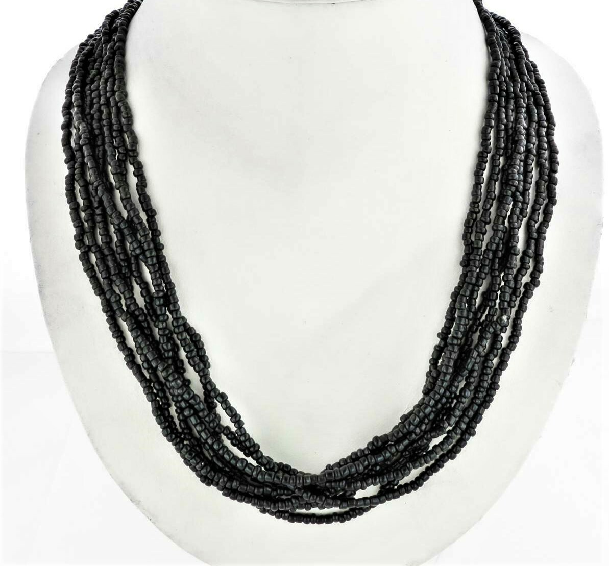 Handmade Necklace GLASS BEADS BLACK Tone Bohemian Artisan 24 inch 8 Strands