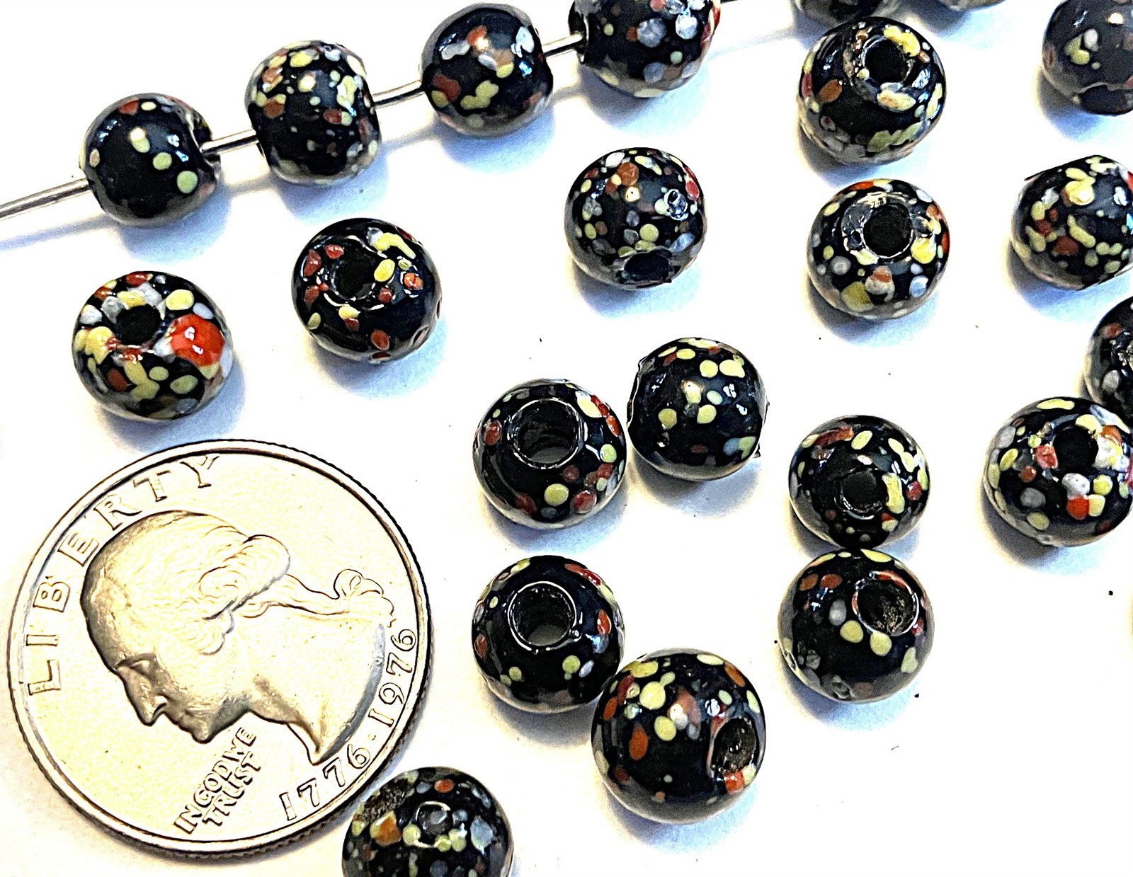18 Vintage Japan Millefiori Jet Black Handmade Glass 8mm To 9mm Round Beads D40