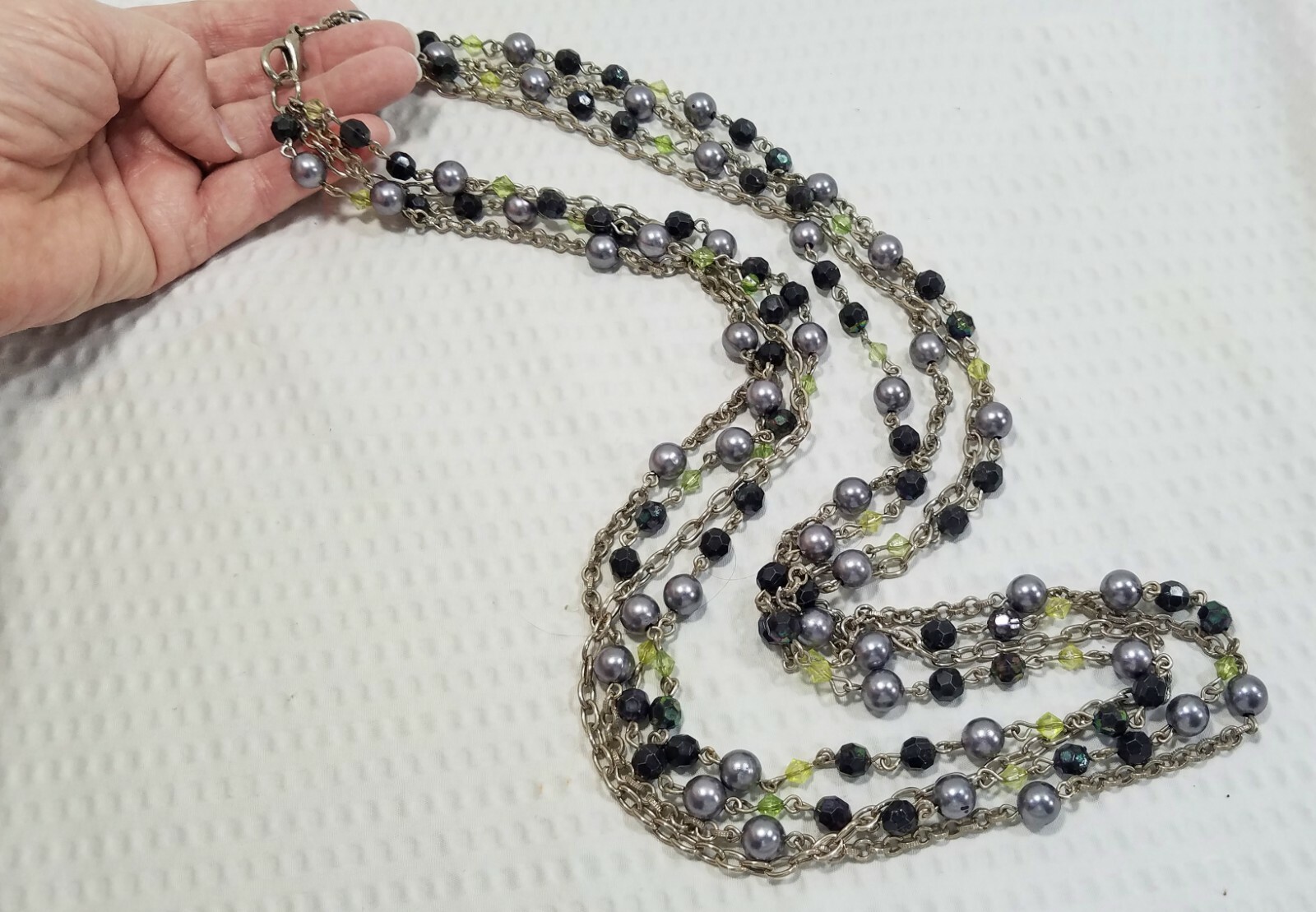 Vintage Black Frosted Gray and Green Beaded Rosary Style Multi Strand Necklace