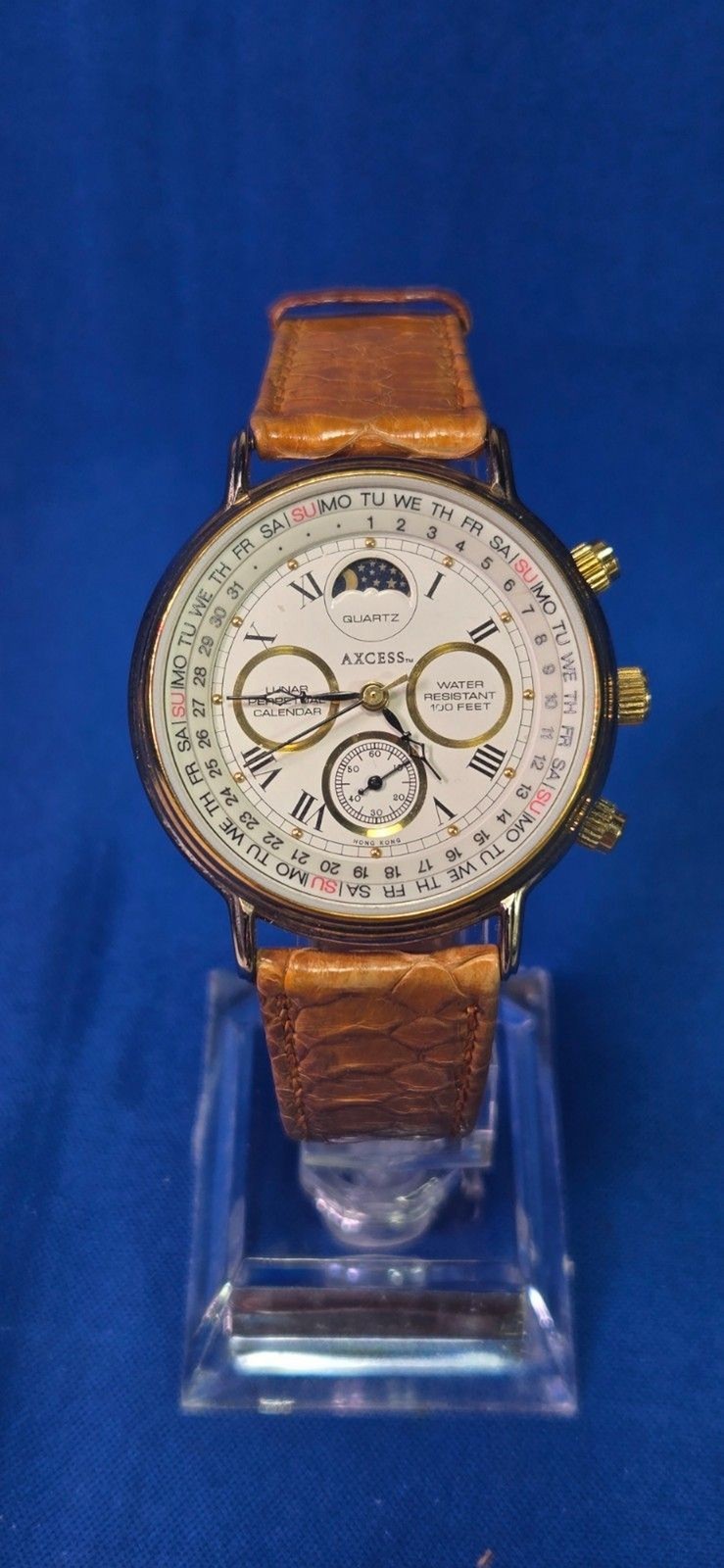 VINTAGE AXCESS SPORT CALENDAR MOON PHASE QUARTZ MEN’S GOLDEN BROWN DRESS WATCH