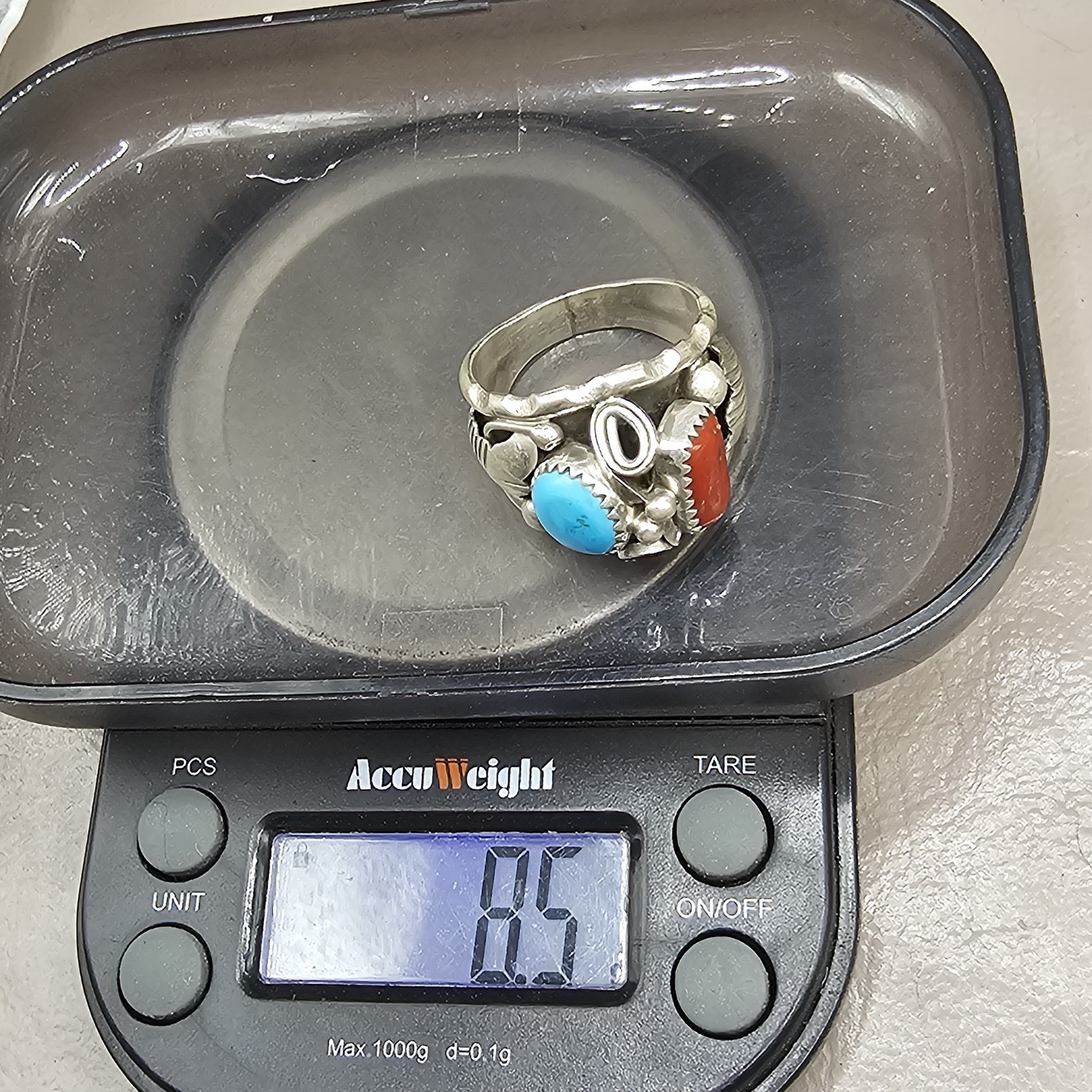 NEW! Navajo Made Sterling Silver Turquoise And Coral Ring Size 9.75-Signed