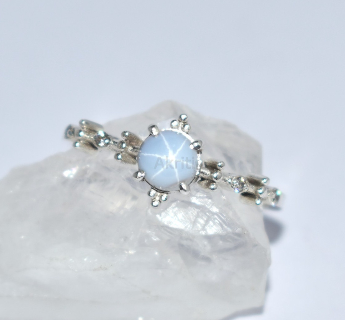 Forest Style White Lab Lindy Star Sapphire & CZ Diamond 925 Sterling Silver Ring