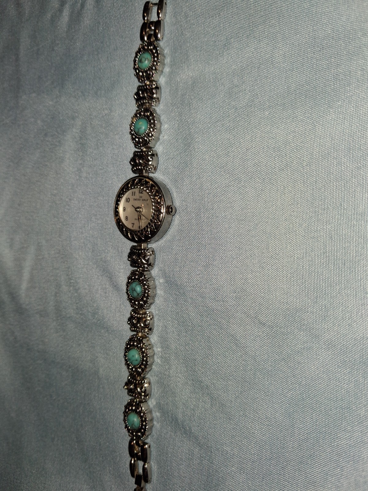 Native American Style Turquoise, 925 Sterling Watch Braclet Swiss Gold Quartz