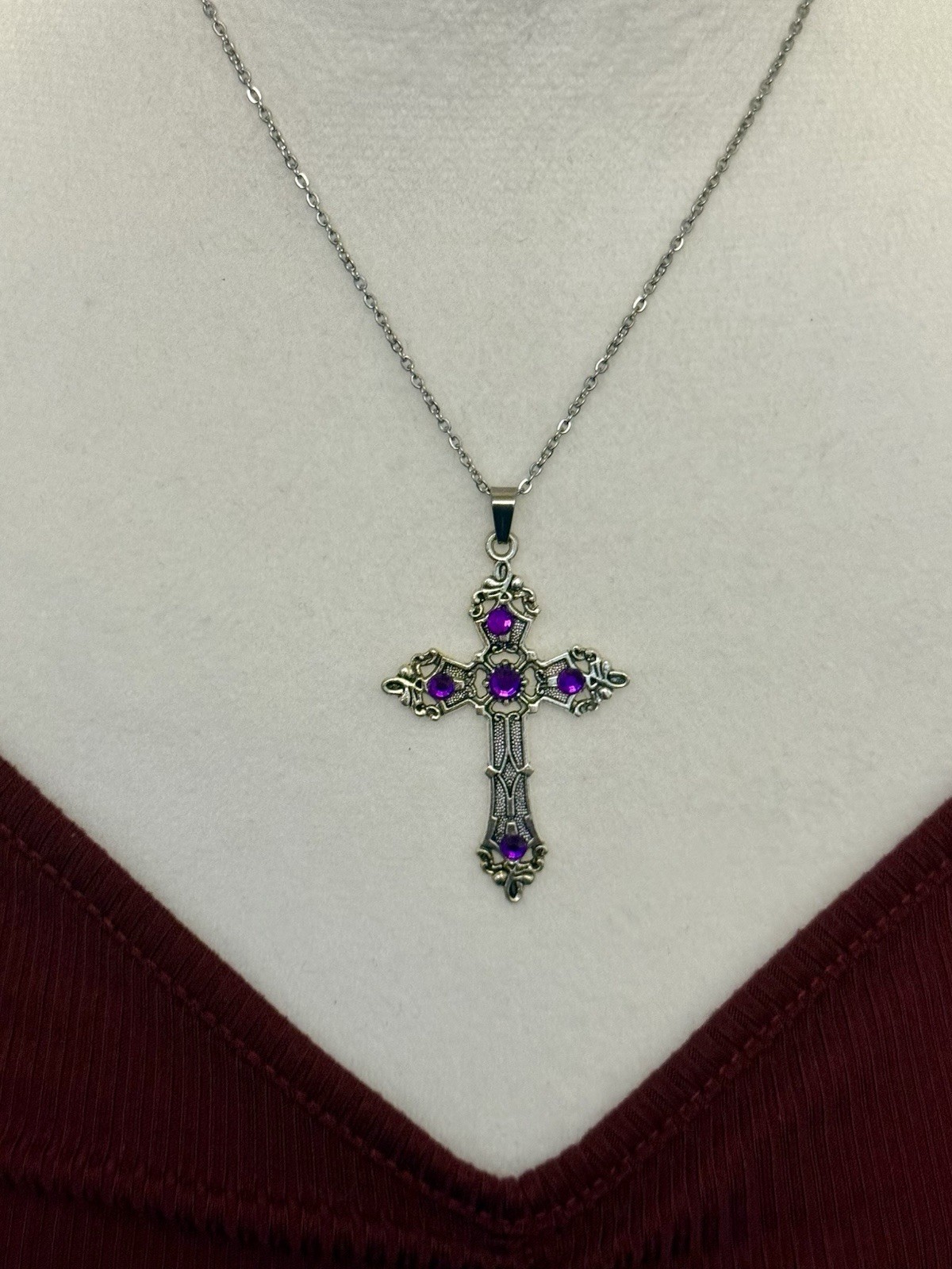 Silver Statement Cross Pendant Necklace Goth Punk Religious Victorian Vintage