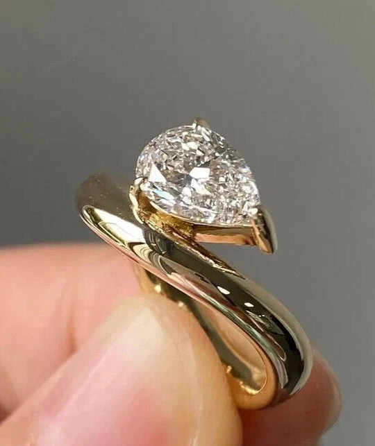 Wedding Ring 14k Yellow Gold Pear Cut Diamond 1 Carat Lab Grown E F VVS CVD IGI